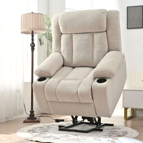 Power Lift Recliner Chair With Extended Footrest, Remote Control, Cup Holders, And Side Pockets
