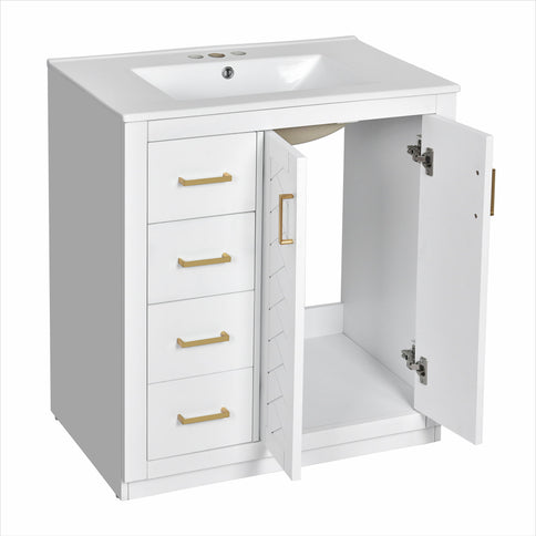 Ceramic Sink Combo, Freestanding Vanity Set With 3 Drawers & Soft Closing Doors