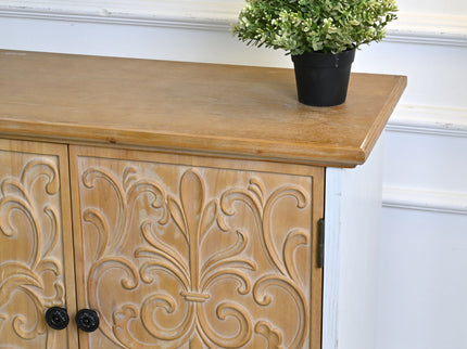 Accent Flower Carved Door Sideboard Cabinet With 2 Drawers For Kitchen - Natural Wood Wash / White