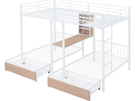 Triple Bunk Bed With Drawers, Multi-Functional Frame With Desks And Shelves In The Middle