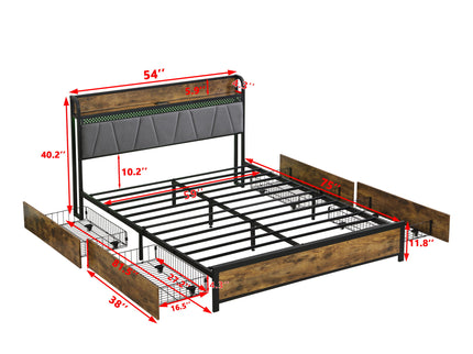 Contemporary Bed Frame With Storage Headboard, Charging Station, LED Lights