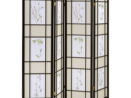 4 Panel Folding Screen With Floral Motif - Black