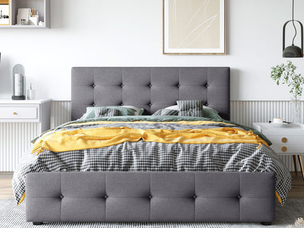 Upholstered Platform Bed With Classic Headboard And Drawers, No Box Spring Needed