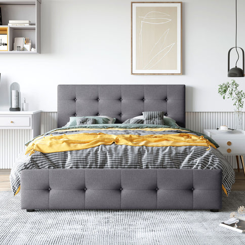 Upholstered Platform Bed With Classic Headboard And Drawers, No Box Spring Needed