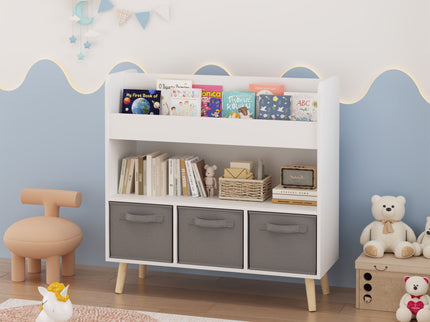 Bookshelf With 3 Bins, Storage Shelf For Toys And Books - White