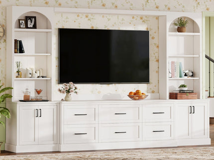 Arched Entertainment Center Wall Unit With 6 Drawers, Large TV Stand With Bookshelves