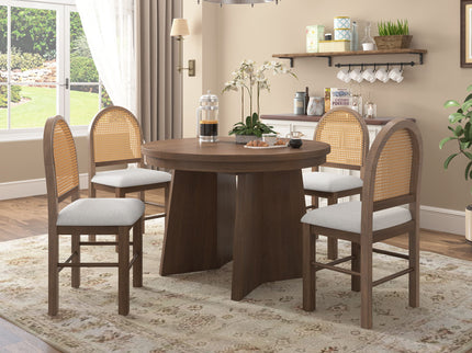 Extendable Round Dining Table Set For 4 With 4 Upholstered Chairs - Beige / Walnut