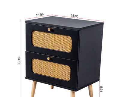 2 Drawer Rattan Nightstand For Bedroom And Living Room, End Table, Side Table With 2 Hand Made Rattan Decorated Drawers - Black
