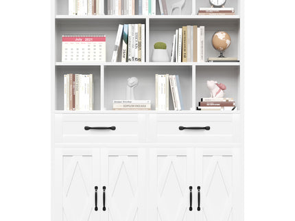 Bookcase Tall With 2 Doors & 2 Drawers, Fixed Open Shelves - White