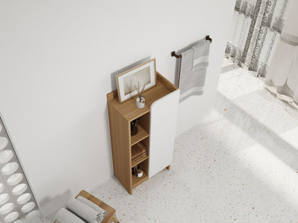 Freestanding Bathroom Side Cabinet, Narrow Storage Cabinet With Single Door & 3 Tier Open Shelves - Black / Light Oak / White