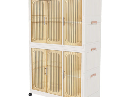 Portable Wardrobe Closet Storage Organizer For Clothes, 6 Magnetic Doors With 6 Cubes & 2 Hanging Rods, 6 Hangers - Cream White