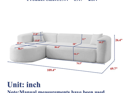 L - Shape Boneless Cloud Couch With 2 Throw Pillows For Living Room