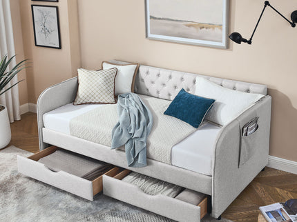 Daybed With Trundle And Storage Drawers, Flat Arms With Pocket