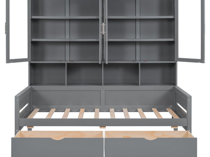 Daybed With Glass Door Storage Cabinets, Built In LED Lighting And Shelves