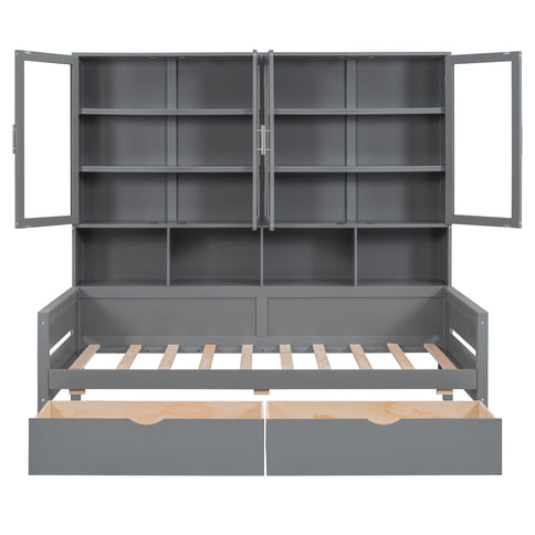 Daybed With Glass Door Storage Cabinets, Built In LED Lighting And Shelves