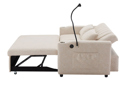 Convertible Sofa Bed Loveseat Sofa With Three USB Ports, Two Side Pockets, Two Cup Holders And 360° swivel Phone Holder For Living Room