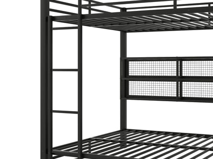 Queen Over Queen Bunk Bed With Storage Cabinets And LED Sturdy Frame, 6 Storage Units, Adjustable LED Lights - Black