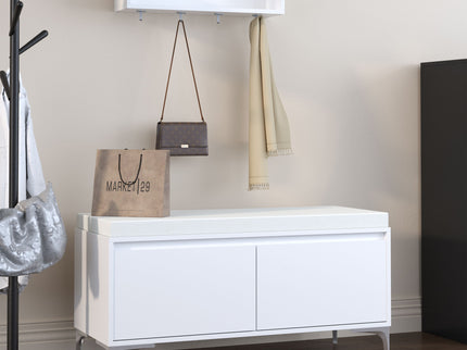 Wall Mounted Entryway Shelf With Hooks And Storage Bench Set - Off White
