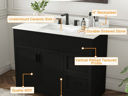 Bathroom Vanity Set, Fluted Cabinet, 3 Faucet Holes, Sink Included - Black