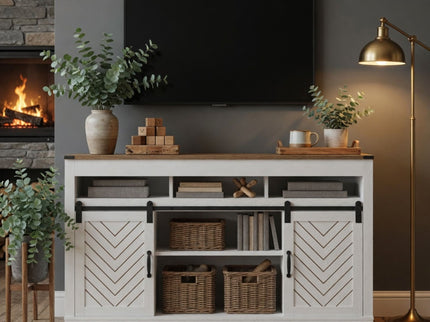 TV Stand With Sliding Barn Doors And Adjustable Storage - White / Oak