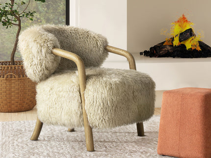 Becker - Rustic Oak Sheepskin Upholstered Accent Arm Chair - Taupe Beige
