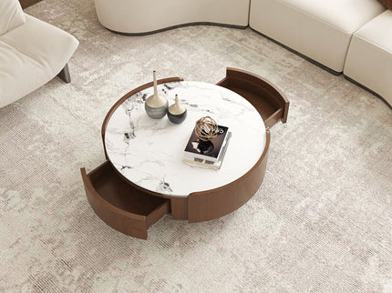 Round Coffee Table With Ball Feet, Dual Storage Drawers For Living Room - Walnut Brown