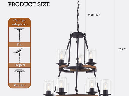 Wagon Wheel Chandelier, Ceiling Light With Adjustable Height - Black / Brown
