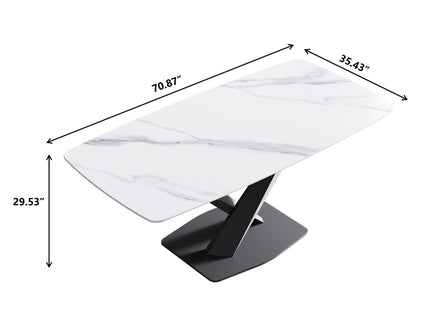 70.87" Modern Artificial Stone White Curved Black Metal Leg Dining Table, Can Accommodate 6-8 People - White / Black