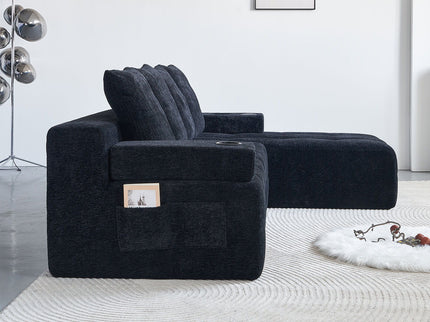 L - Shaped Sectional Sofa With Side Pockets, Wireless Charging, USB Ports, Cup Holder, Bluetooth Speaker, Reversible Lounge Chaise - Black
