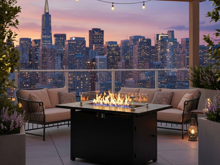 Outdoor 2 In 1 Gas Fire Pit Table With Lid & Glass Shield, Stainless Burner, Lava Rock, Rectangular Design - Black
