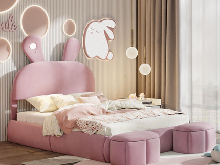 Full Upholstered Platform Bed With Cartoon Ears Headboard And LED Light - Pink