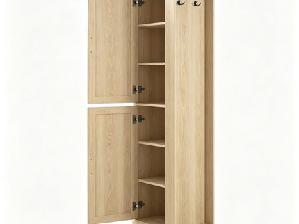 Tall Freestanding Bathroom Storage Cabinet With Adjustable Shelves And Side Hooks