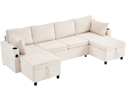 Sectional Sofa Bed With Pull Out Sleeper, USB Ports, Cup Holders
