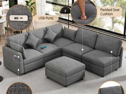 Sectional Sofa Modular U-Shaped With Ottoman & USB Ports