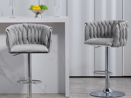 360 Degree Swivel Bar Stools Adjustable Counter Height Bar Chairs With Woven Back & Footrest, Silver Chromed Bar Stools For Kitchen Island (Set of 2) - Gray
