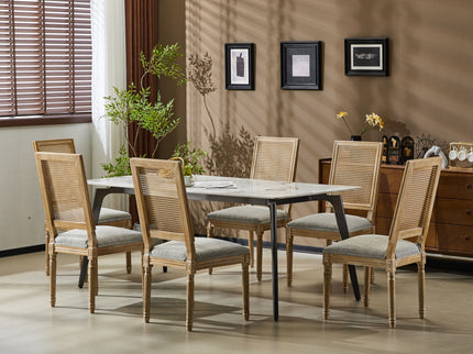 French Country Dining Chair With Rectangular Cane Backrest And Smooth Upholstered Seating