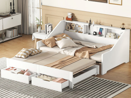 Daybed Frame With Storage Bookcases, 2 Drawers, Charging Station