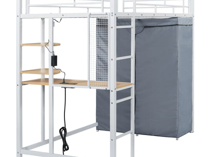 Loft Bed With Desk, Shelves, Power Outlet, LED Light And Wardrobe