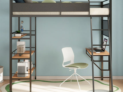 William - Twin Loft Bed 3 Shelf With Built In Desk - Matte Black