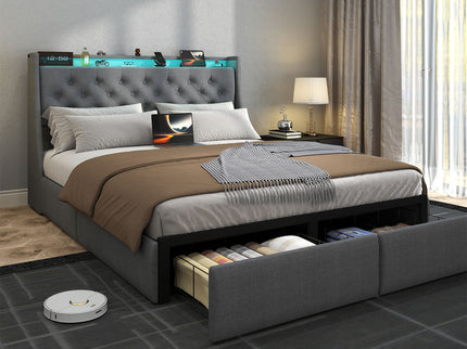 Floating Bed Frame With Rgb LED Light, 2 Storage Drawers & Headboard Shelf