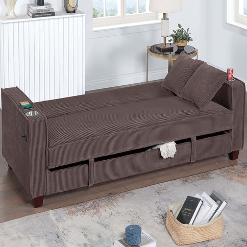 Modern Convertible Sofa With Hidden Storage USB Port, Cup Holder