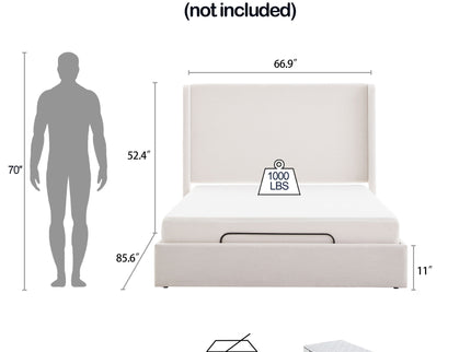 Caron - Queen Size Upholstered Wingback Bed With Adjustable Base Bundle Set - Ivory