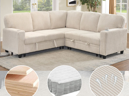 L-Shaped Sofa With Pull Out Sofa Bed With USB