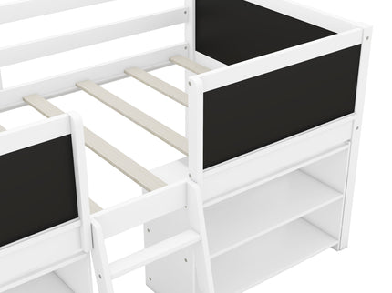 Low Loft Bed With Movable Shelves And Ladder, Decorative Chalkboard Guardrail