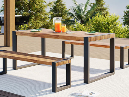 3 Pieces Outdoor Dining Table With 2 Benches, Patio Dining Set With Unique Top Texture, Acacia Wood Top & Steel Frame, All Weather Use, For Outdoor & Indoor - Natural