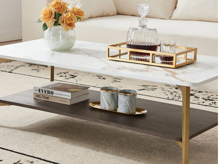 Coffee Table Rectangular Center Table For Living Room Open Space Side Table With Metal Frame - Golden / White