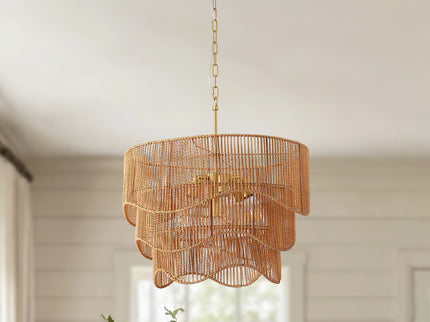 Chandelier With 7 Light E26 Base, Adjustable Height Wave Pendant Light For Living Room - Gold