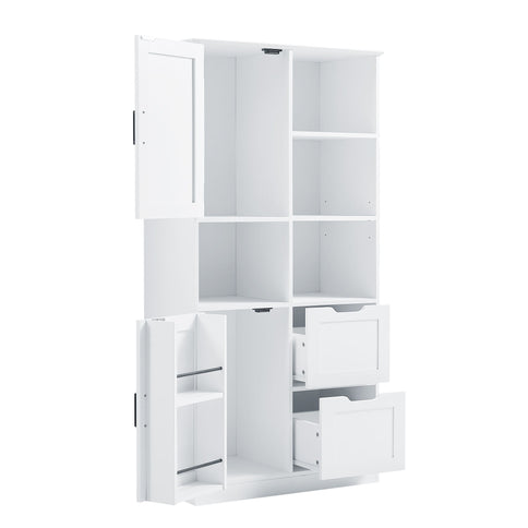 Freestanding Bathroom Storage Cabinet With Doors And Drawers, Adjustable Shelf, Open Shelves - White