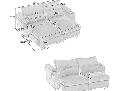 Convertible Chaise Lounge Sofa Chair With USB Ports, Cup Holders, Phone Holder And Storage