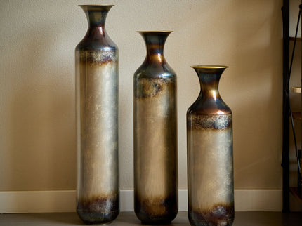 Modern Droplet Shaped Floor Vase Set, Glazed Metal Decorative Vases 3 Piece Home Accent For Living Room - Gold / White